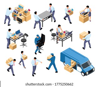 Office Relocation Isometric Set With Moving Company Furniture Equipment Packing Documents Loading Boxes Into Van Vector Illustration 