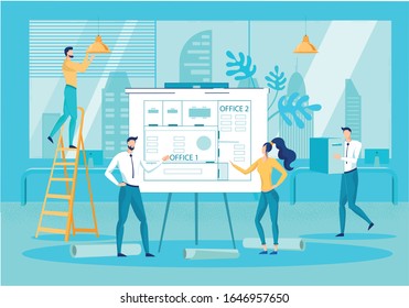 Office Relocation and New Place Arrangement. Business People Cartoon Characters Moving to New Office, Corporate Building and Planning, Discussing Furniture Disposition. Flat Vector Illustration.