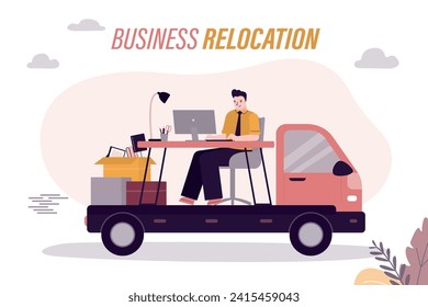 Office relocation service concept. Employee, workplace and office supplies rides on truck. Change of business and office location. Relocation of business and human resources. flat vector illustration