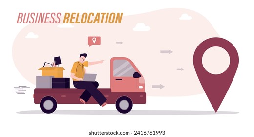 Office relocation service concept. Employee with boxes rides on truck to new job place. Change of business and office location. Relocation of business and human resources. flat vector illustration