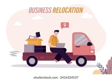 Servicio de reubicación de Office. Empleado con material de computadora portátil y de oficina en cajas que va en camión. Cambio de ubicación de negocios y oficina. Traslado de empresas y recursos humanos. ilustración vectorial