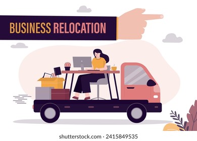 Office relocation service. Employee at workplace rides on truck. Boss hand indicates new place of work. Change of business and office location. Relocation of business and human resources. flat vector