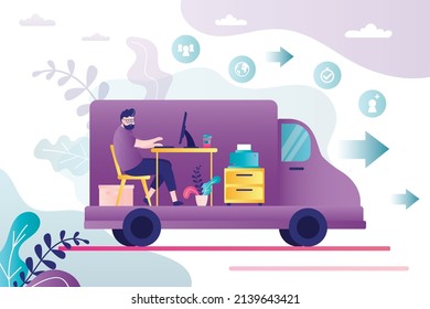Office relocation service. Male manager, workplace and office supplies rides on truck. Change of business and office location. Transportation of business and human resources. Flat vector illustration