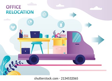 Office relocation. Workplace with office supplies and computer rides on truck. Change of business and office location. Transportation of fittings and human resources. Flat vector illustration