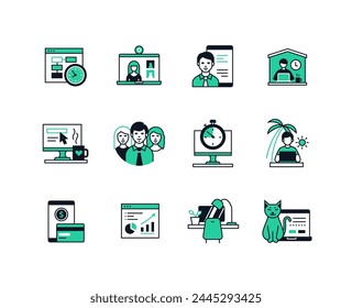 Office and remote work - line design style icons set with editable stroke. Task scheduling, video conference, employees, freelancer, cat, laptop, statistics growth and electronic gadgets idea
