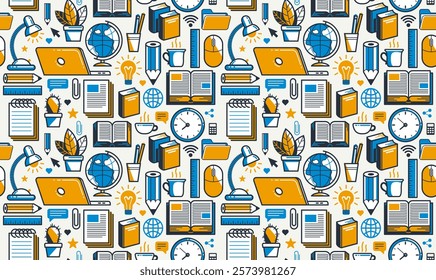 Office or remote work seamless background, PC and papers job workplace desk vector endless wallpaper, all elements easy to use separately as an icons or illustrations.