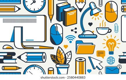 Office or remote work seamless background, PC and papers job workplace desk vector endless wallpaper, all elements easy to use separately as an icons or illustrations.