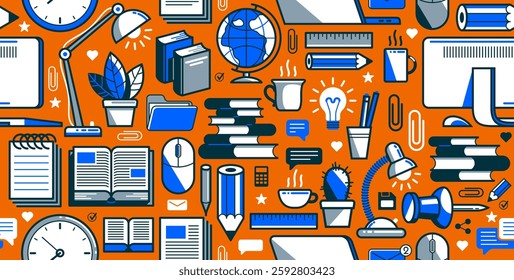 Office or remote work seamless background, PC and papers job workplace desk vector endless wallpaper, all elements easy to use separately as an icons or illustrations.