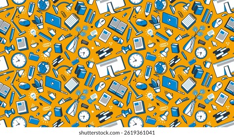 Office or remote work seamless background, PC and papers job workplace desk vector endless wallpaper, all elements easy to use separately as an icons or illustrations.