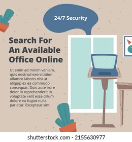 Office for rent, search for workspace online, 24 7 security and guarantee. Available places for working, employees spaces for coworking and business leading development. Vector in flat style