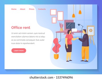 Office Rent Service Website Template, Business Property Rental And Commercial Real Estate Agency Web Banner. Company Office And Coworking Space Search And Rent In Business Center, Vector Flat Design