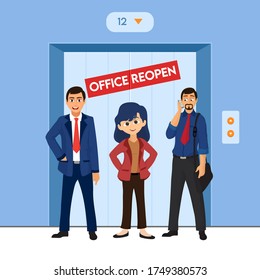 Office Reopen Text Sticker on Blue Elevator with Cheerful Employees Character.