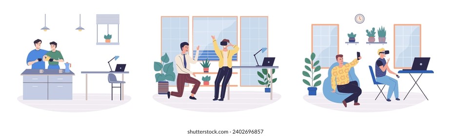Office rest vector illustration. Taking breaks for fun and entertainment in workplace fosters sense joy and fulfillment Engaging in pastime activities during office rest breaks brings happiness