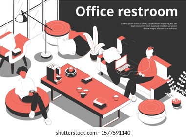 Office restroom isometric background composition with editable text and indoor view of break room with people vector illustration