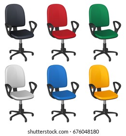 Office revolving chair, six different upholstery colors - black, red, green, white, blue and yellow, on a white background
