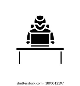 Office robot glyph icon. Robotization. Artificial intelligence. Smart emerging technologies. Contemporary office. Futuristic workspace innovations concept. Isolated silhouette vector illustration