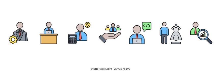 Office roles icons featuring Manager, Secretary, Accountant, HR, Developer, Designer, Analyst for corporate themes.