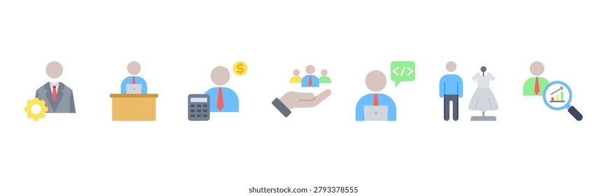 Office roles icons featuring Manager, Secretary, Accountant, HR, Developer, Designer, Analyst for corporate themes.
