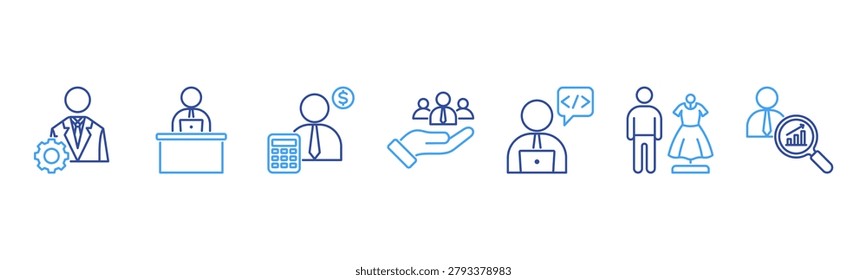 Office roles icons featuring Manager, Secretary, Accountant, HR, Developer, Designer, Analyst for corporate themes.