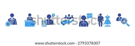 Office roles icons featuring Manager, Secretary, Accountant, HR, Developer, Designer, Analyst for corporate themes.