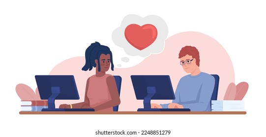 Office romance 2D vector isolated illustration. Young female employee falling in love with colleague flat characters on cartoon background. Colorful editable scene for mobile, website, presentation