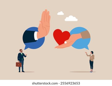 Office romance. Refuses love and help hand. Flat vector illustration