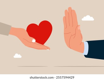 Office romance. Refuses love and help hand. Businessman not allowing to show care for him. Flat vector illustration