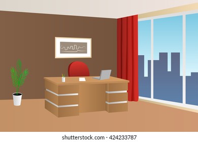 Office room beige brown red interior table chair window illustration vector
