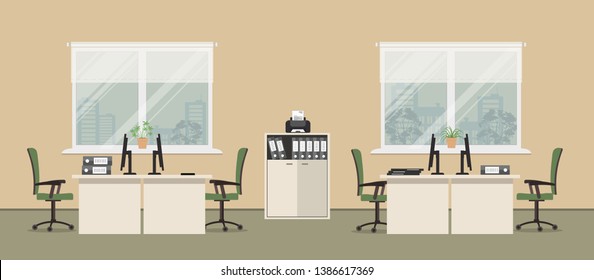 Office room in a beige color. There are tables, green chairs, a cabinet for documents, a printer and other objects in the picture. Vector flat illustration