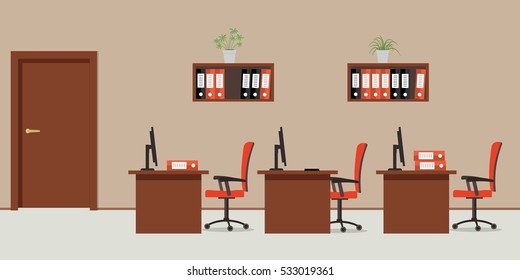 Office room in a beige color. There are tables, red chairs, computers, folders and other objects in the picture. Vector flat illustration
