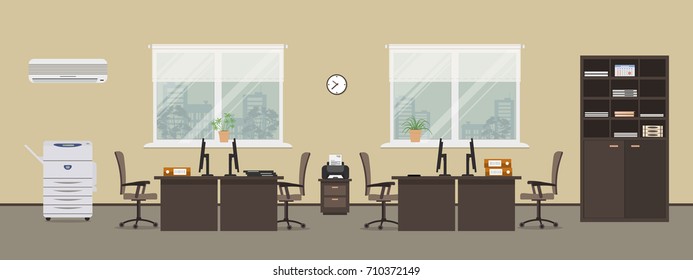 Office Room In A Beige Color. There Are Tables, Chairs, A Printer, A Copy Machine, A Cabinet For Documents And Other Objects On A Window Background In The Picture. Vector Flat Illustration.