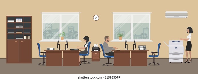 Office Room In A Beige Color. The Young Women And Man Are Employees At Work. There Is Brown Furniture, Blue Chairs, A Copy Machine On A Window Background In The Picture. Vector Flat Illustration.