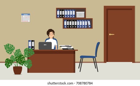 Office room in a beige color. Young woman is sitting at a desk at her workplace. There is a brown furniture, blue chairs, shelves with folders and a big flower in the picture. Vector illustration