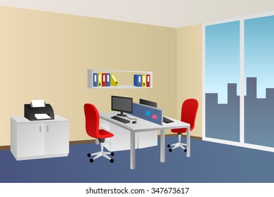 Office room blue beige interior white table red chair window illustration vector