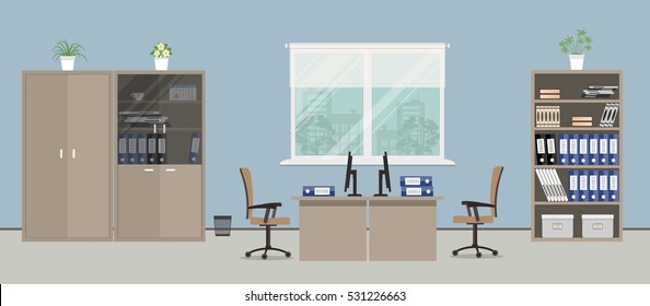 Office Room In A Blue Color. There Are Tables, Beige Chairs, Cases For Documents And Other Objects In The Picture. Vector Flat Illustration