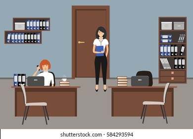 Office room in a blue color. Two young women are employees at work. There is furniture in a brown color and white chairs in the picture. Vector flat illustration