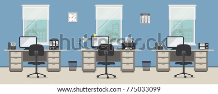 Office room in a blue color. Workplace of office workers with gray furniture on a windows background. There are desks, black chairs, phones, a printer, a clock and other objects in the picture. Vector