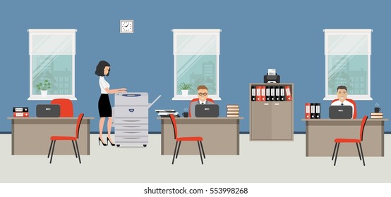 Office Room In A Blue Color. The Young Woman And Men Are Employees At Work. There Is Beige Furniture, Red Chairs, A Copy Machine On A Window Background In The Picture. Vector Flat Illustration