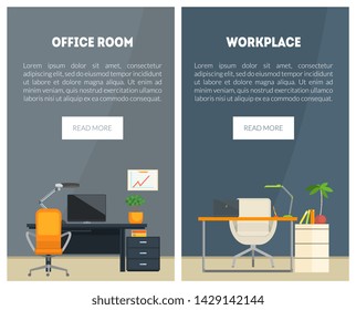 Office Room, Business Workplace Organization Banners, Landing Pages Templates Set, Office Space Web Page Vector Illustration