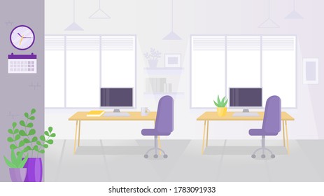 Office, a room with computer chairs, office furniture, computers for work in purple and yellow colors in a Flat style for use as a background for e-learning design or a background for characters