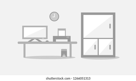 Office room with computer desktop, desk, printer, mouse, clock,trash bin and file cabinet in minimal easy color tone.