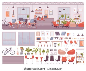 Office room, contemporary shared workspace, co-working space interior construction set with furniture, constructor element to make own environment design. Cartoon flat style infographic illustration