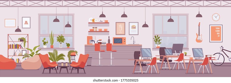 Office room, contemporary shared workspace, co-working space successful organization interior for employees and managers with furniture, environment design. Vector flat style cartoon illustration