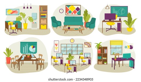 Office room decor design with modern furniture, vector illustration. Flat interior set with chair, table, sofa, lamp in apartment.