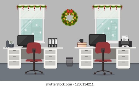 Office room, decorated with Christmas decoration. There are white desks, red chairs, computers, a printer, a phone and other objects on a window background in the picture. Vector illustration