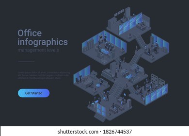 Office room departments Isometric Flat black monochrome vector concept.