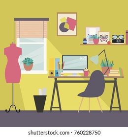 Office room. Desk with computer set documents and stationery. Modern workplaces. Flat style vector illustration.