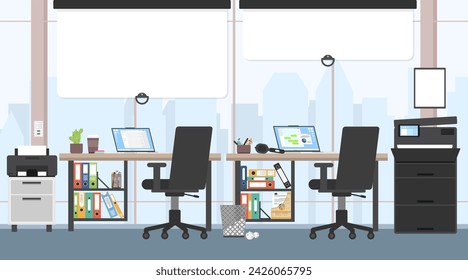 Office room with desk and laptop for working, Empty business coworking area with no people, Modern office interior, Skyscraper office with city view, Office background illustration.