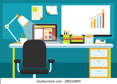 Office Room with Desk, Supplies and Stationery