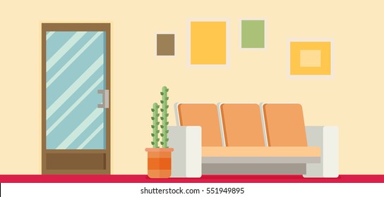 Office Room Door Corridor Waiting Hallway Flat Vector Illustration